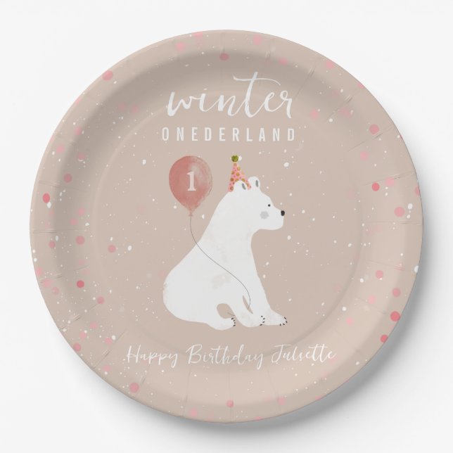 Winter Onederland Pink Polar Bear 1st Birthday Paper Plate (Front)