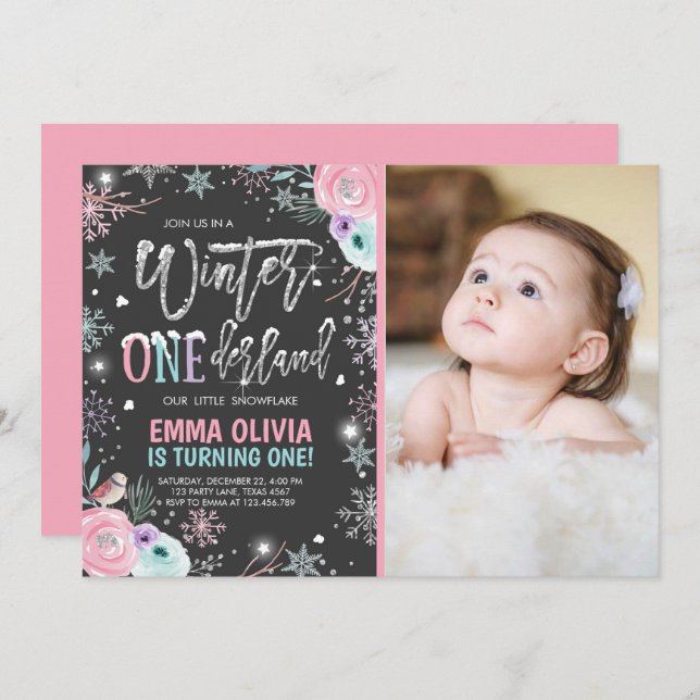 Winter ONEderland Pink Silver 1st Birthday Invitation (Front/Back)