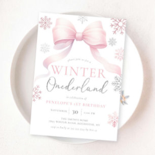 Winter Onederland Pink Silver Bow 1st Birthday Invitation