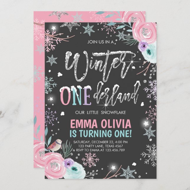 Winter ONEderland Pink Silver First Birthday Invitation (Front/Back)