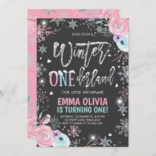 Winter ONEderland Pink Silver First Birthday Invitation