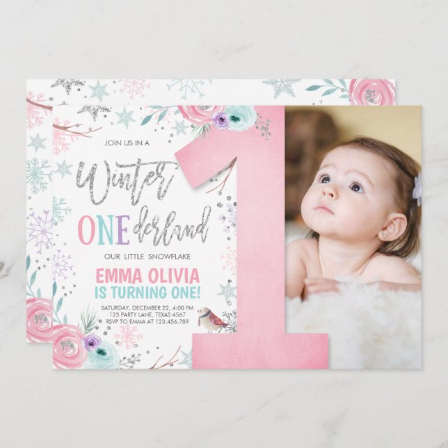 Winter ONEderland Pink Silver Floral 1st Birthday Invitation (Front/Back)