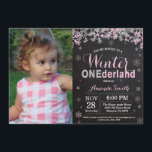 Winter Onederland Pink Silver Girl 1st Birthday Invitation<br><div class="desc">Rustic Winter Onederland Pink and Silver Girl 1st Birthday Invitation with custom photo. 1st First Birthday Party. Pink and Silver Glitter Snowflake. Girl Birthday Party Invitation. Winter Holiday Bday. 1st First Birthday. Chalkboard Background. Black and Silver. For further customisation, please click the "Customise it" button and use our design tool...</div>