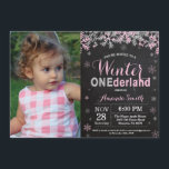 Winter Onederland Pink Silver Girl 1st Birthday Invitation<br><div class="desc">Rustic Winter Onederland Pink and Silver Girl 1st Birthday Invitation with custom photo. 1st First Birthday Party. Pink and Silver Glitter Snowflake. Girl Birthday Party Invitation. Winter Holiday Bday. 1st First Birthday. Chalkboard Background. Black and Silver. For further customisation, please click the "Customise it" button and use our design tool...</div>