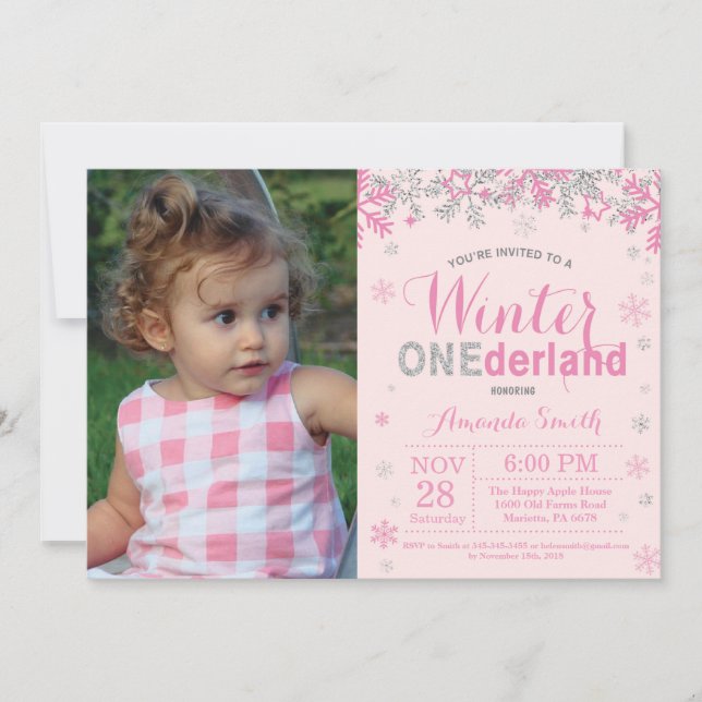 Winter Onederland Pink Silver Girl 1st Birthday Invitation (Front)