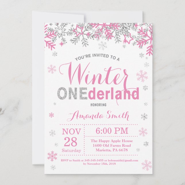 Winter Onederland Pink Silver Girl 1st Birthday Invitation (Front)