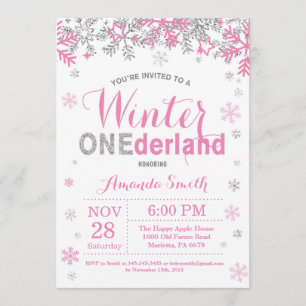 Winter Onederland Pink Silver Girl 1st Birthday Invitation