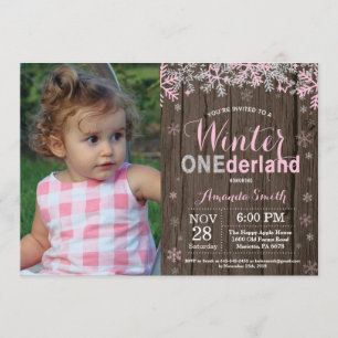 Winter Onederland Pink Silver Girl 1st Birthday Invitation