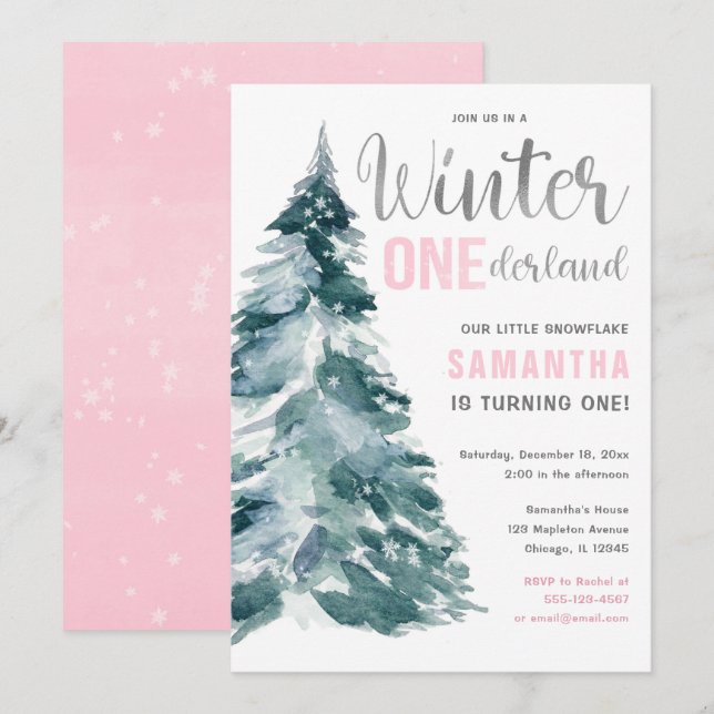 Winter Onederland pink silver girl 1st birthday Invitation (Front/Back)