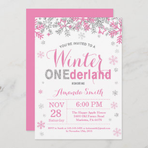 Winter Onederland Pink Silver Girl 1st Birthday Invitation