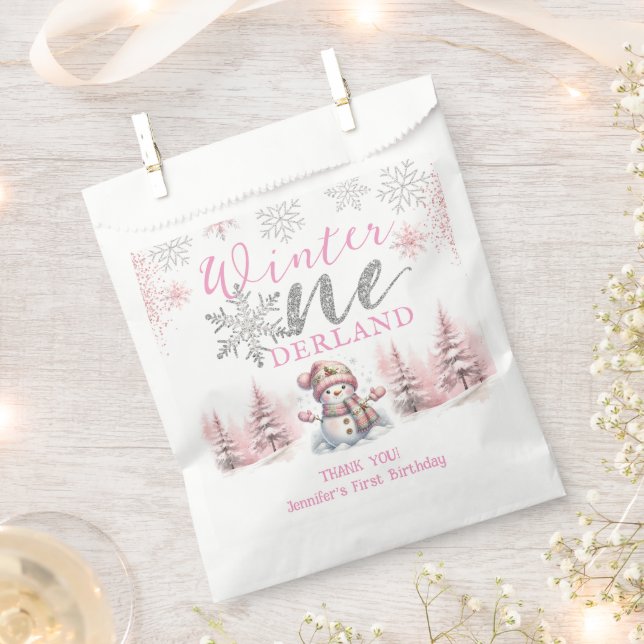 Winter Onederland Pink Silver Glitter 1st Birthday Favour Bag (Clipped)