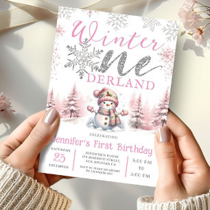 Winter Onederland Pink Silver Glitter 1st Birthday Invitation
