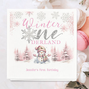 Winter Onederland Pink Silver Glitter 1st Birthday Napkin