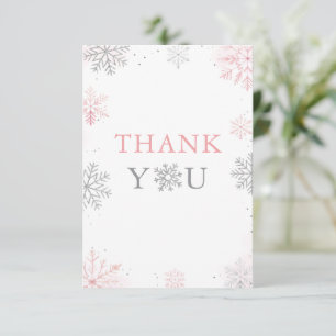Winter Onederland Pink Silver Glitter 1st Birthday Thank You Card