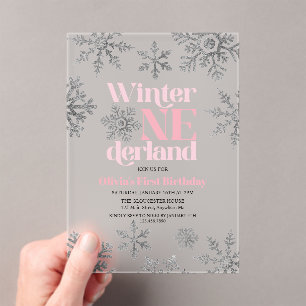 Winter Onederland Pink Silver Snowflake Birthday Acrylic Invitations