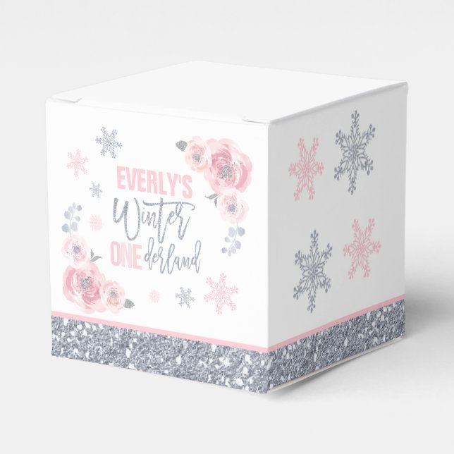 Winter ONEderland Pink Silver Snowflake Birthday  Favour Box (Front Side)