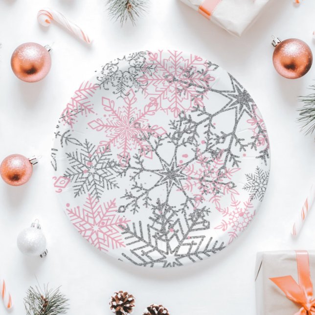 Winter Onederland Pink Silver Snowflake Paper Plate (Creator Uploaded)