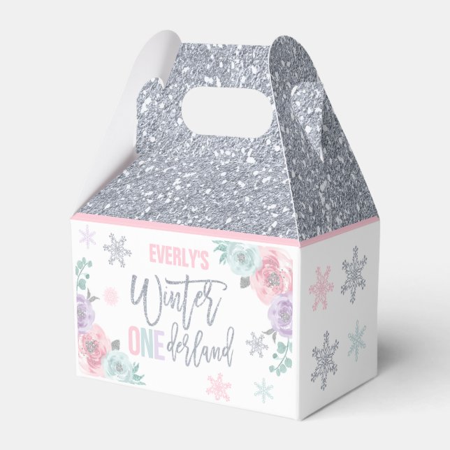 Winter ONEderland Pink Silver Snowflake Party Favour Box (Front Side)