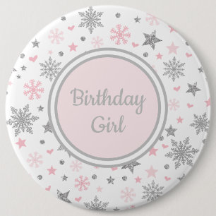 Winter ONEderland Pink Silver Snowflakes Birthday 6 Cm Round Badge