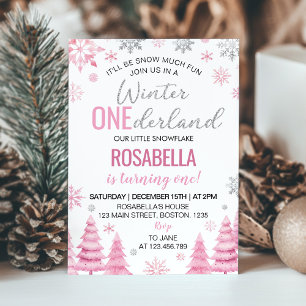 Winter Onederland Pink Snowflake 1st Birthday  Invitation