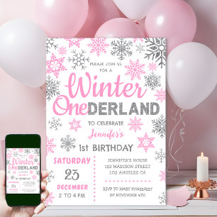 Winter Onederland   Pink Snowflake 1st Birthday Invitation