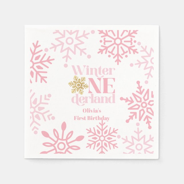 Winter Onederland Pink Snowflake 1st Birthday Napkin (Front)