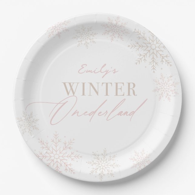 Winter Onederland Pink Snowflake 1st Birthday Paper Plate (Front)
