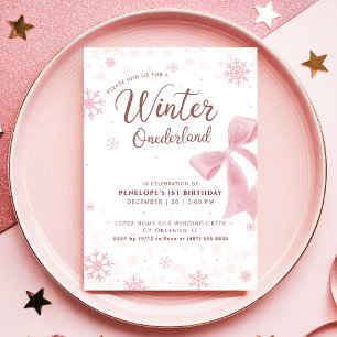 Winter Onederland Pink Snowflake Bow 1st Birthday Invitation