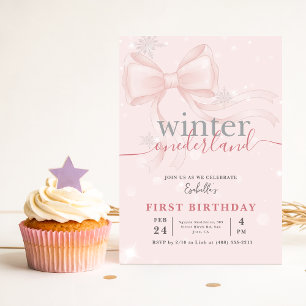 Winter Onederland Pink Snowflake Bow 1st Birthday Invitation