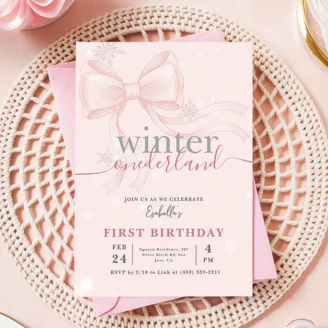 Winter Onederland Pink Snowflake Bow 1st Birthday Invitation (Creator Uploaded)