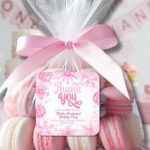 Winter Onederland Pink Snowflakes Thank You  Square Sticker