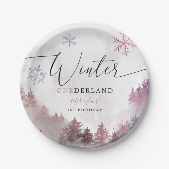 Winter ONEderland Pink Snowy Mountain Birthday Paper Plate (Front)