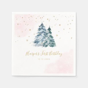Winter Onederland Pink Snowy Pine Trees Napkin