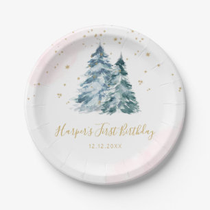 Winter Onederland Pink Snowy Pine Trees Paper Plate
