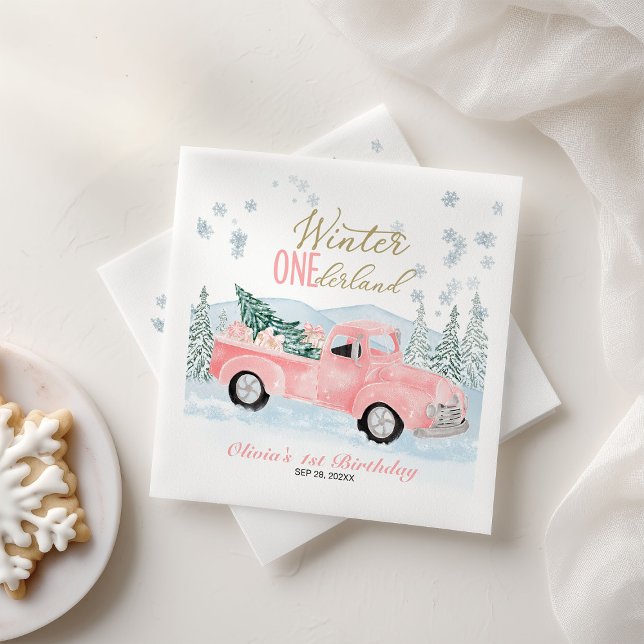 Winter Onederland Pink Truck First Birthday Napkin (Creator Uploaded)