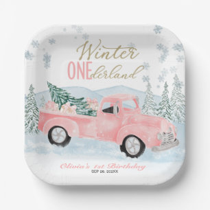 Winter Onederland Pink Truck First Birthday Paper Plate
