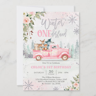 Winter ONEderland Pink Truck Girl 1st Birthday Invitation