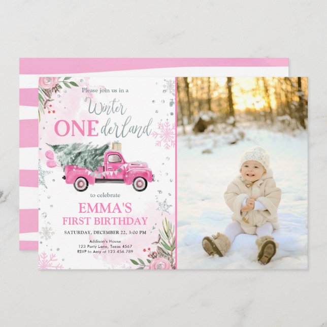 Winter Onederland Pink Truck Girl First Birthday Invitation (Front/Back)