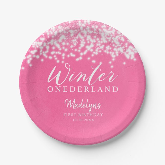 Winter ONEDERLAND Pink Winter Birthday Party Paper Plate (Front)