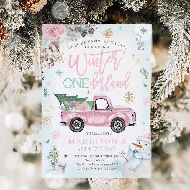 Winter ONEderland Pink Winter Truck Snowman Party Invitation (Creator Uploaded)
