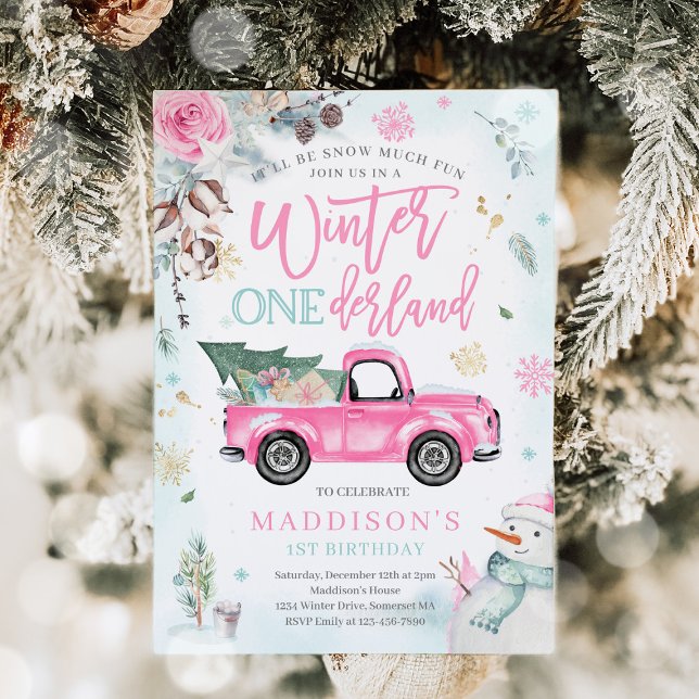 Winter ONEderland Pink Winter Truck Snowman Party Invitation (Creator Uploaded)