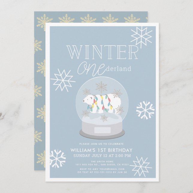 Winter Onederland Polar Bear Blue 1st Birthday Invitation (Front/Back)