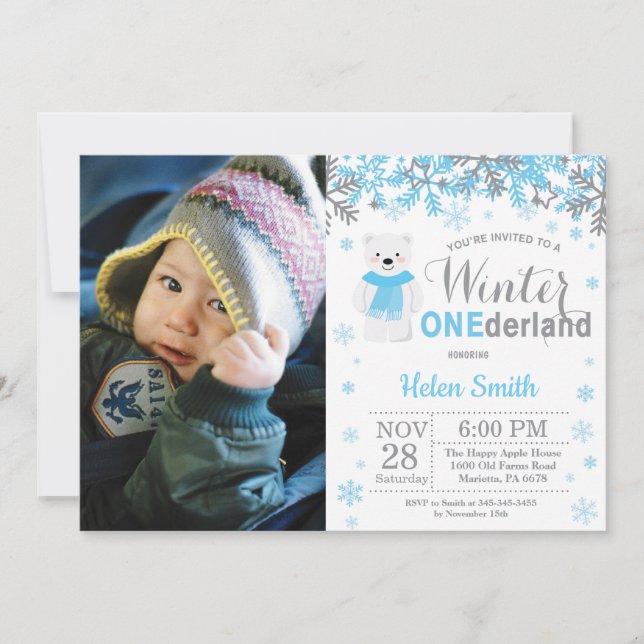 Winter Onederland Polar Bear Boy 1st Birthday Invitation (Front)