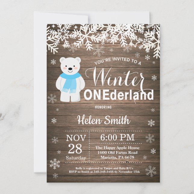 Winter Onederland Polar Bear Boy 1st Birthday Invitation (Front)