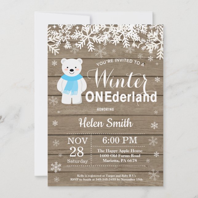 Winter Onederland Polar Bear Boy 1st Birthday Invitation (Front)
