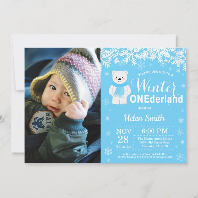 Winter Onederland Polar Bear Boy 1st Birthday Invitation (Front)