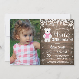 Winter Onederland Polar Bear Girl 1st Birthday Invitation
