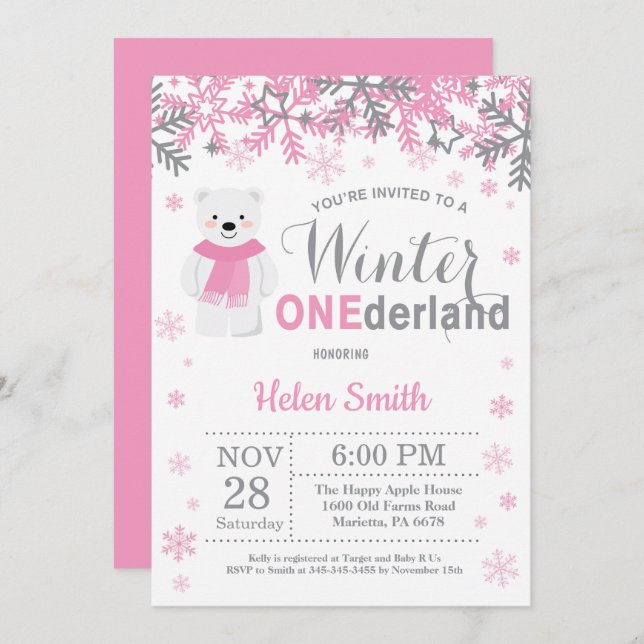 Winter Onederland Polar Bear Girl 1st Birthday Invitation (Front/Back)