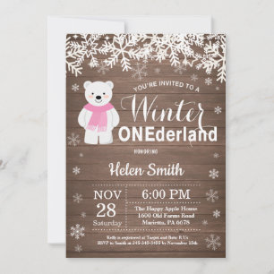 Winter Onederland Polar Bear Girl 1st Birthday Invitation