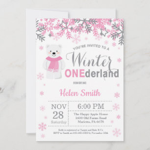 Winter Onederland Polar Bear Girl 1st Birthday Invitation